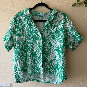 Nicole Miller Green Tropical Print Button-Front Top